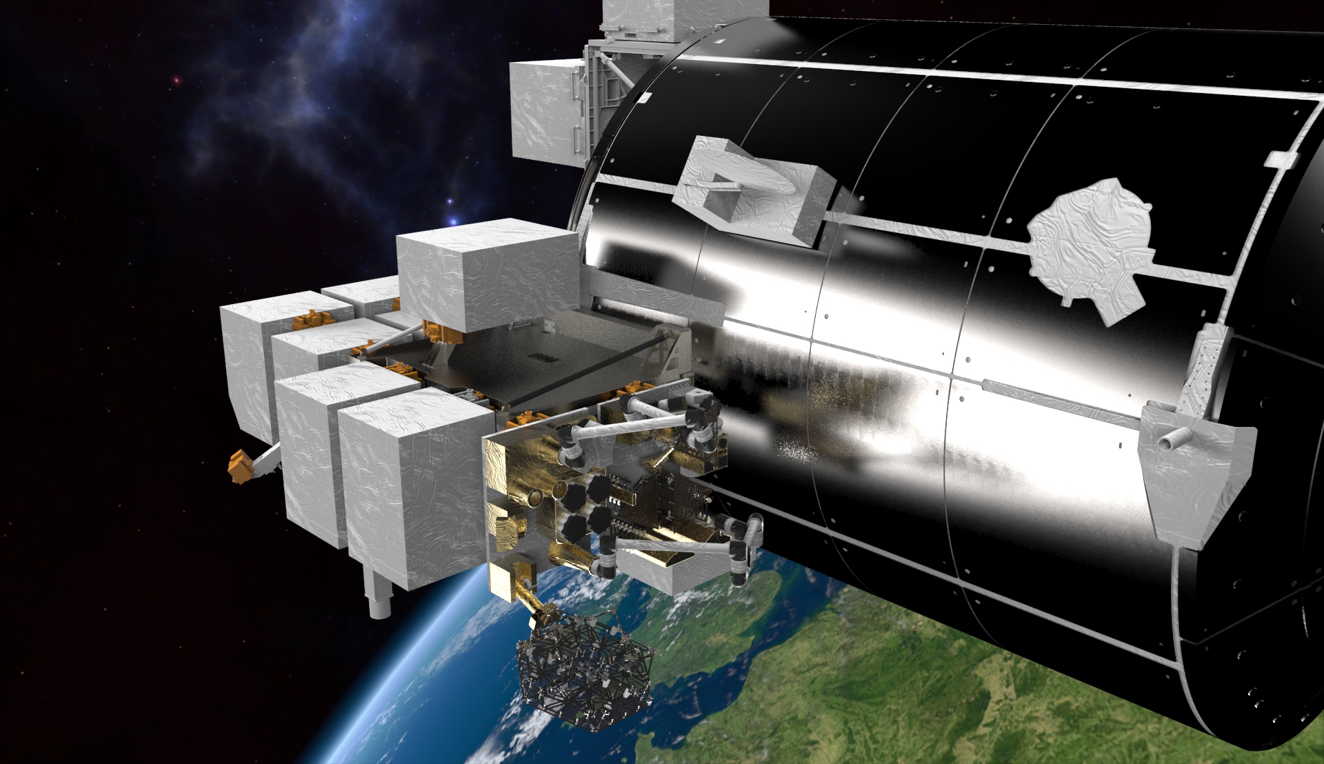Rendered image of the envisioned orbital factory attached on the Bartolomeo platform